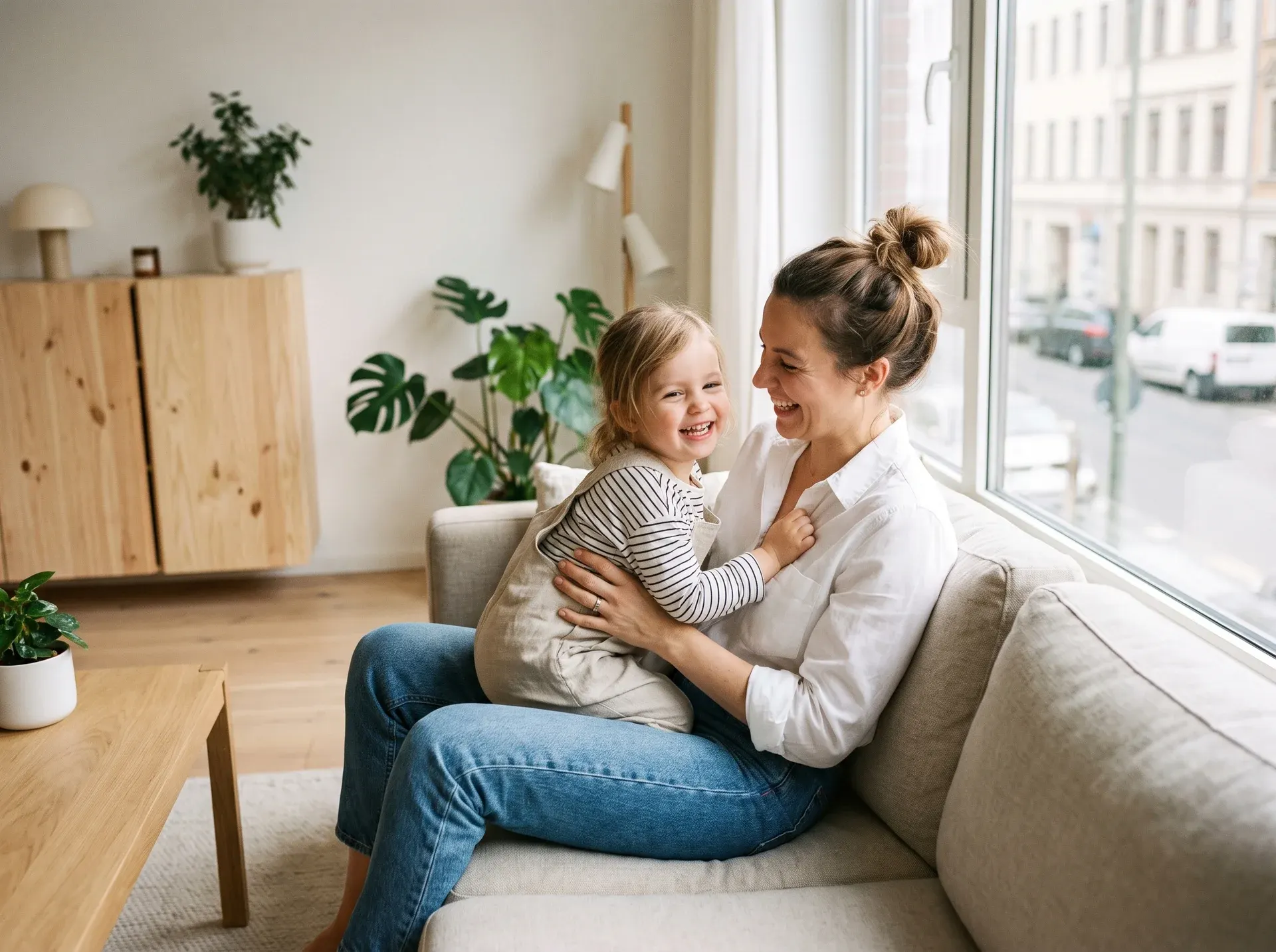 Madre con su hija consultando el adelanto de nómina