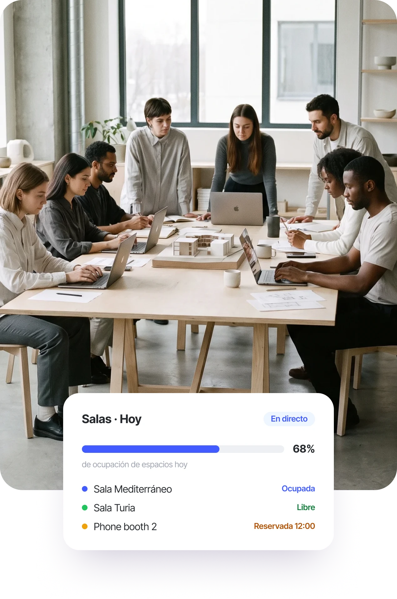 Equipo reunido con el panel de ocupación de salas del día
