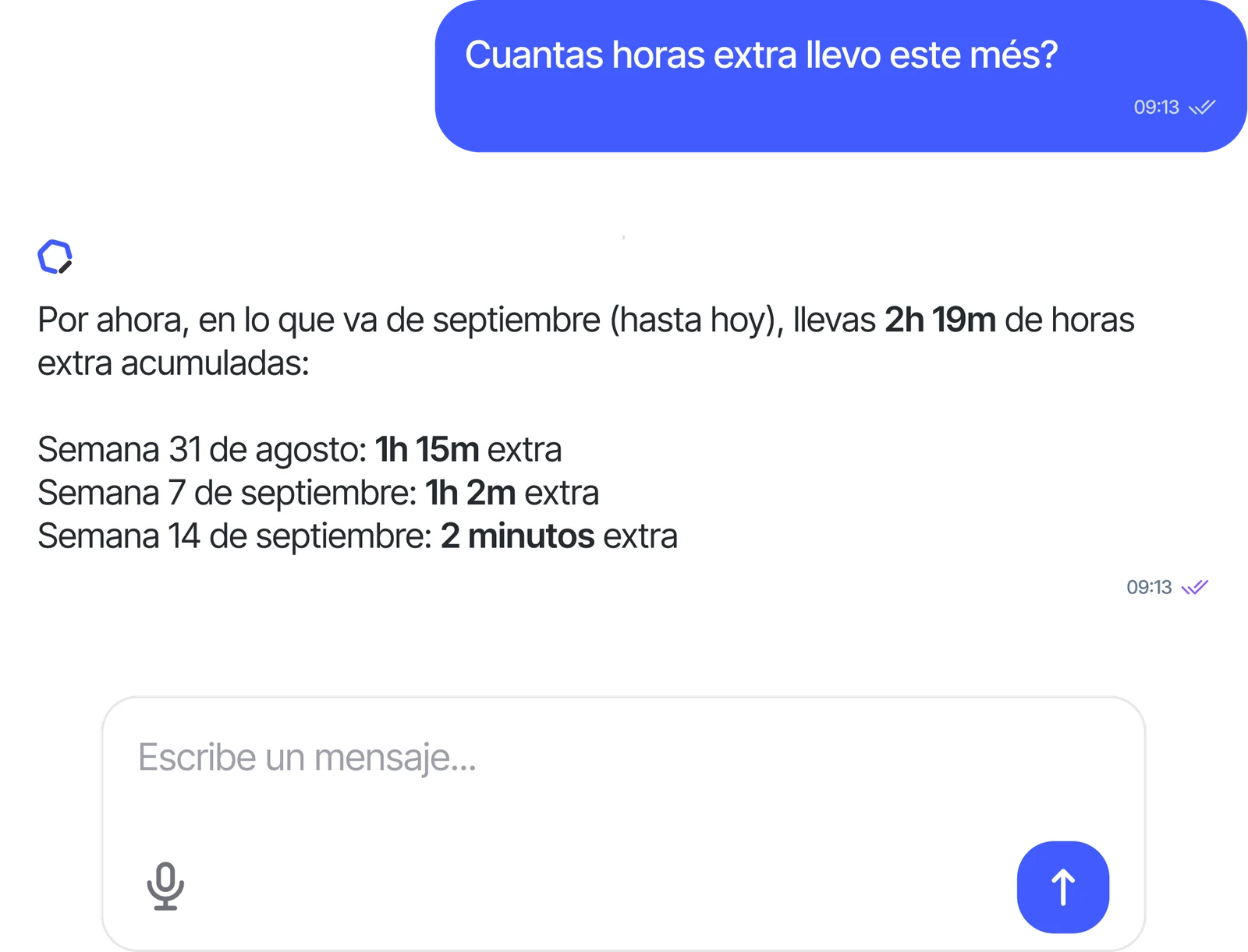 Chat de Sesame Intelligence respondiendo cuántas horas extra lleva acumuladas la persona