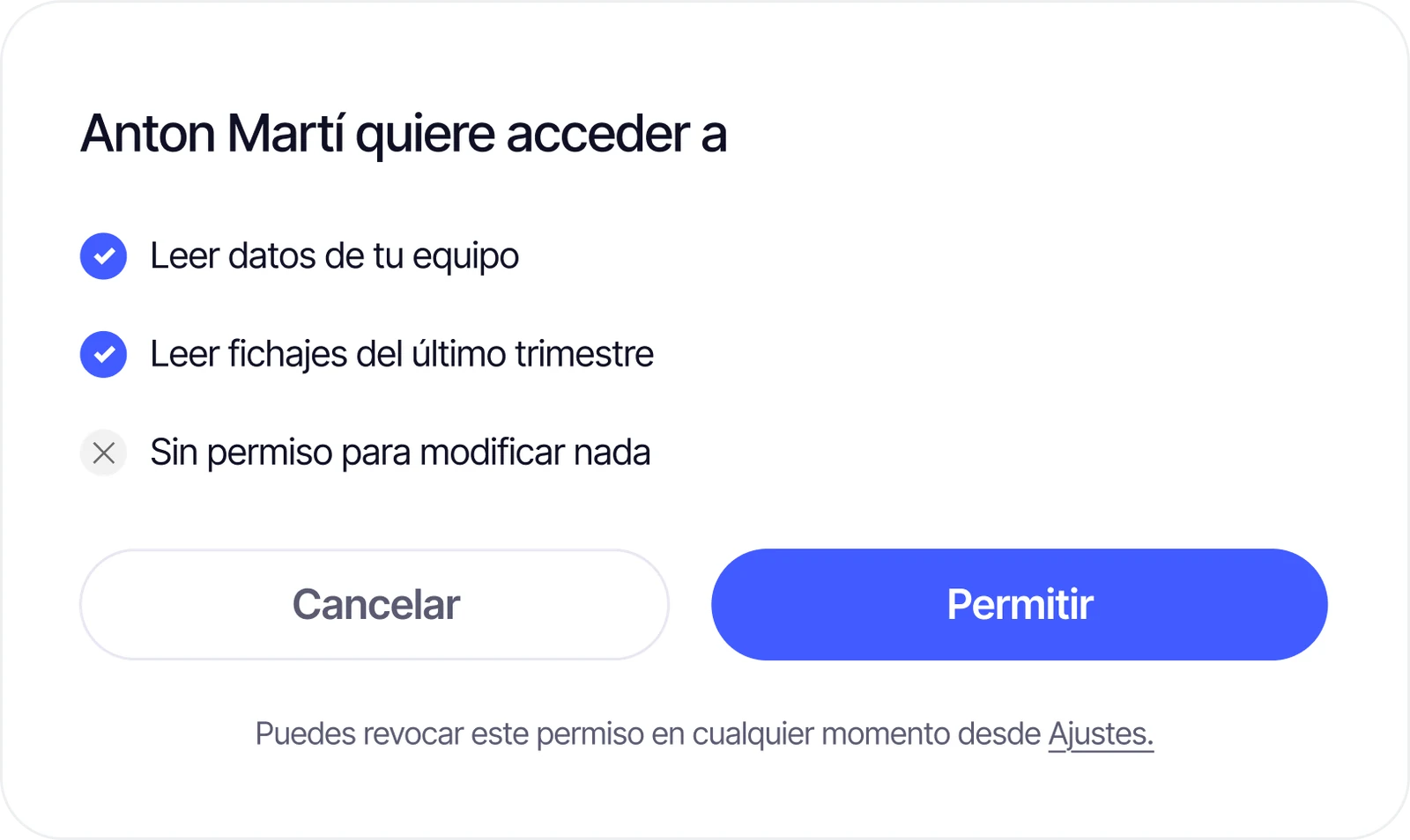 Diálogo de permisos: leer datos del equipo y fichajes, sin permiso para modificar nada