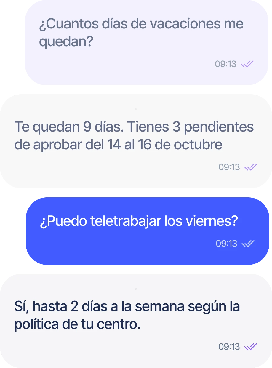 ¿Cuántos días de vacaciones me quedan? Te quedan 9 días. Tienes 3 pendientes de aprobar del 14 al 16 de octubre. ¿Puedo teletrabajar los viernes? Sí, hasta 2 días a la semana según la política de tu centro.