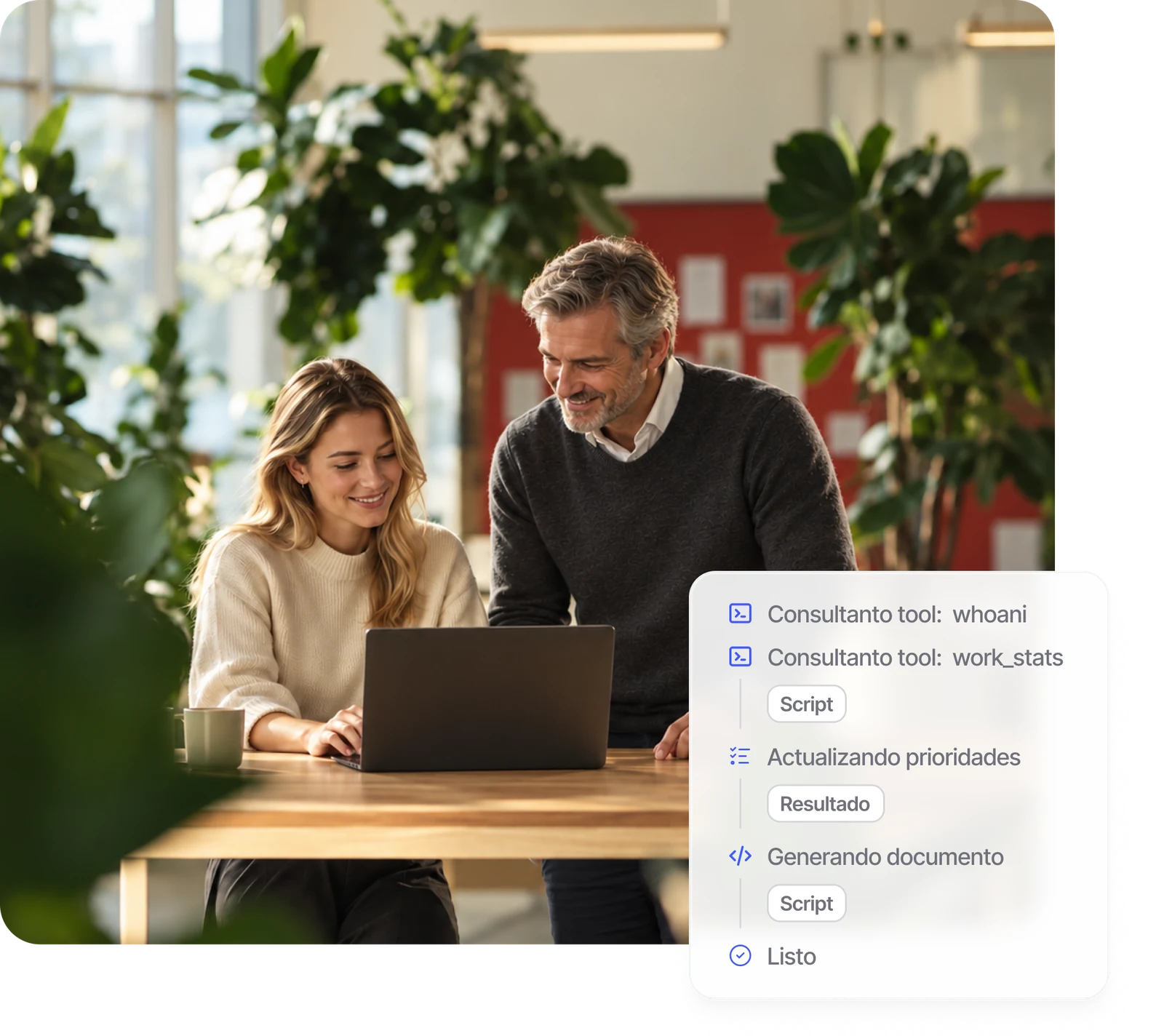 Dos personas trabajando con Sesame mientras la IA consulta datos y genera un documento