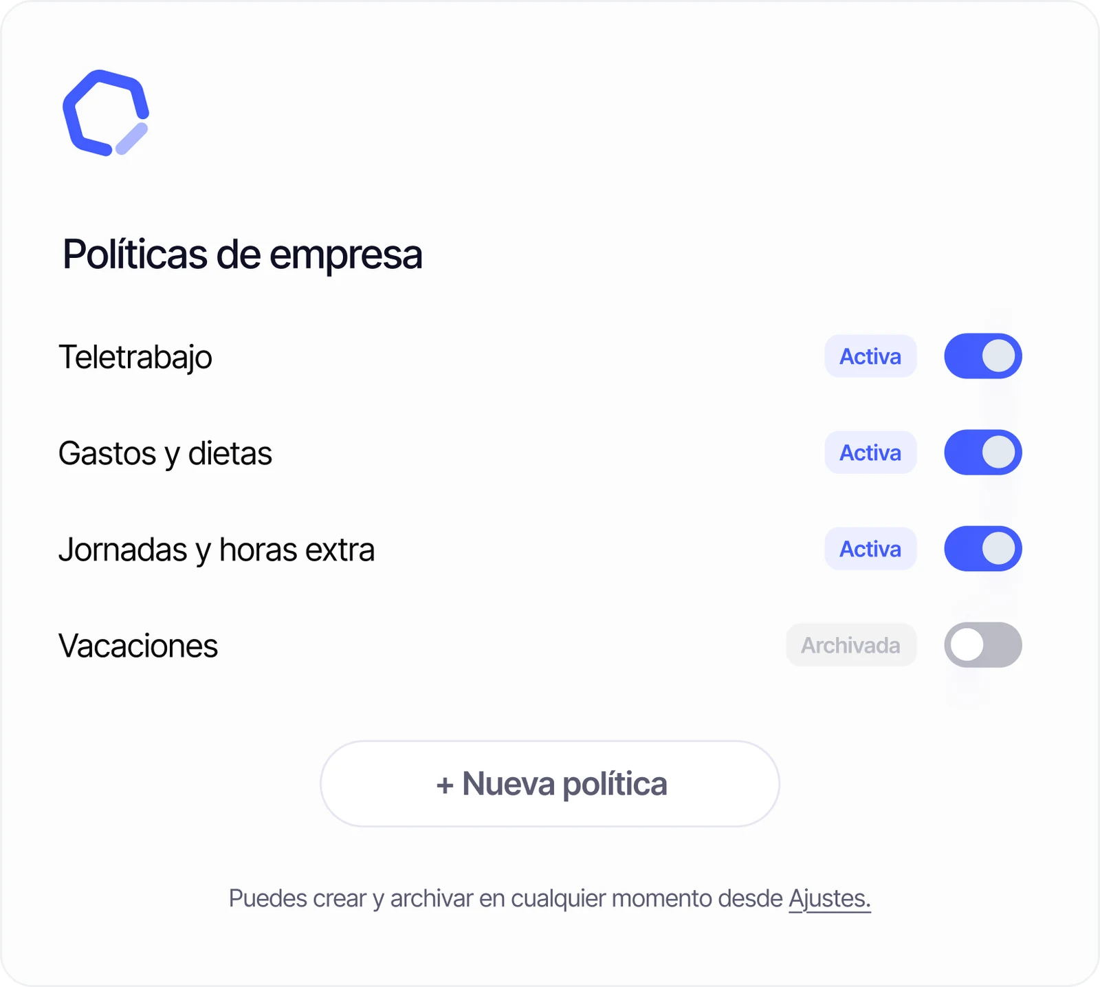 Listado de políticas de empresa de Sesame con teletrabajo, gastos y jornadas activas